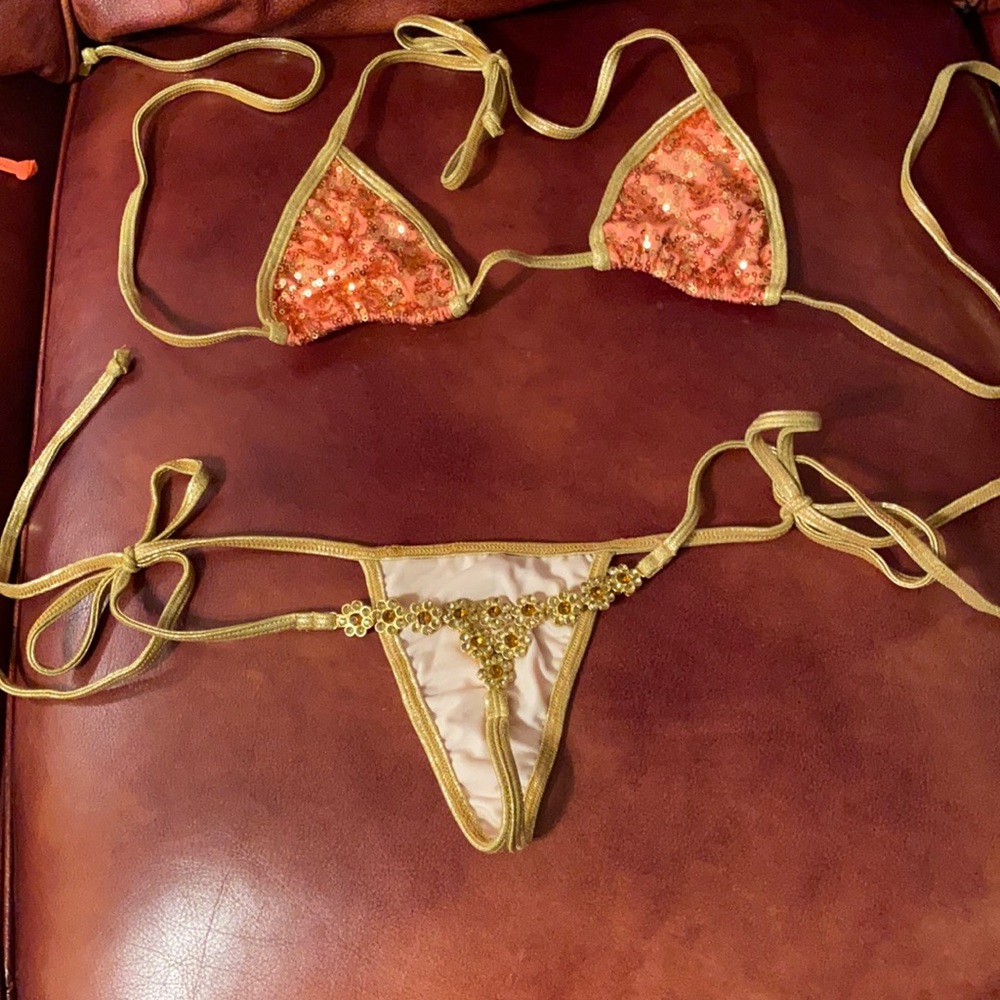 Coral and gold jeweled thong bikini
